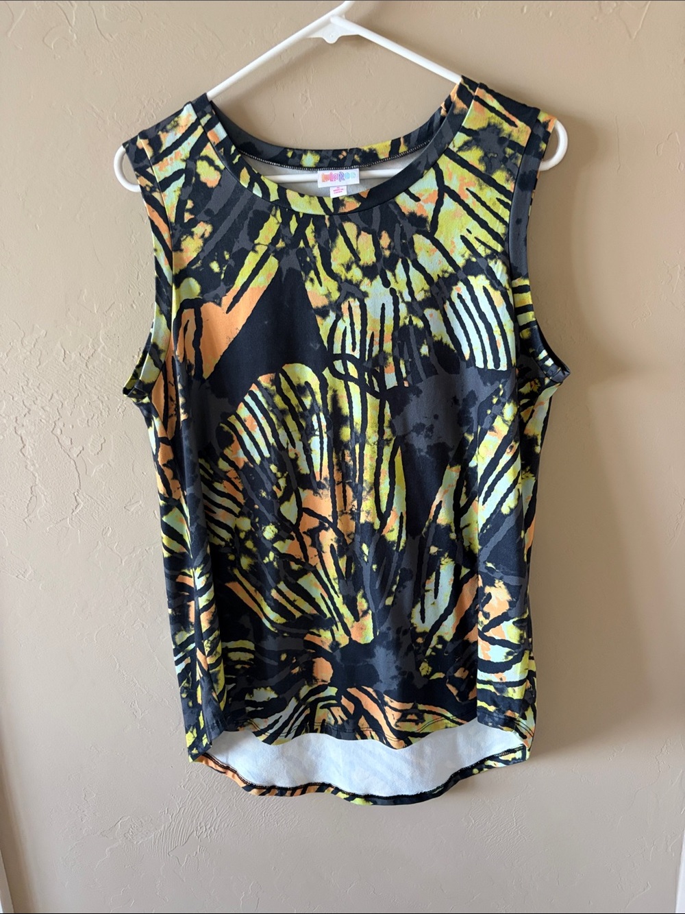 LuLaRoe Black Tank with Yellow & Orange Abstract Burst Print